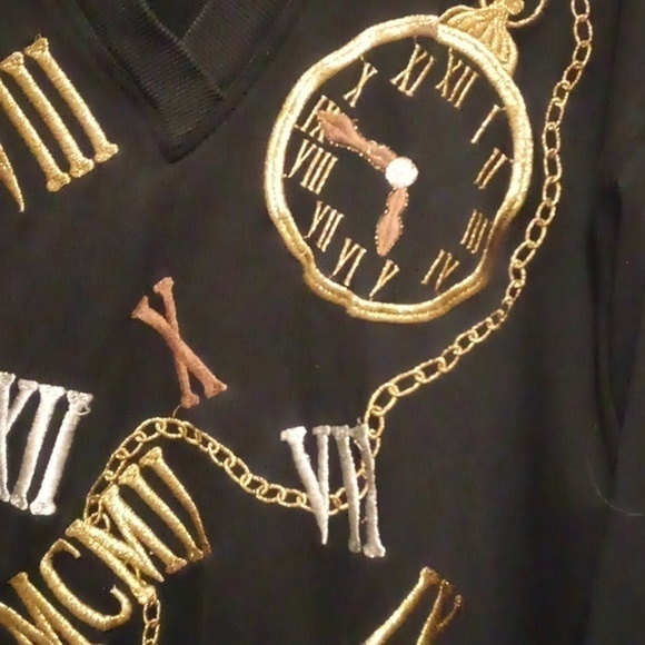 J. Renee Black Embroidery Time Theme Pull Over Sweater With Pockets - Size OS - Picture 2 of 7